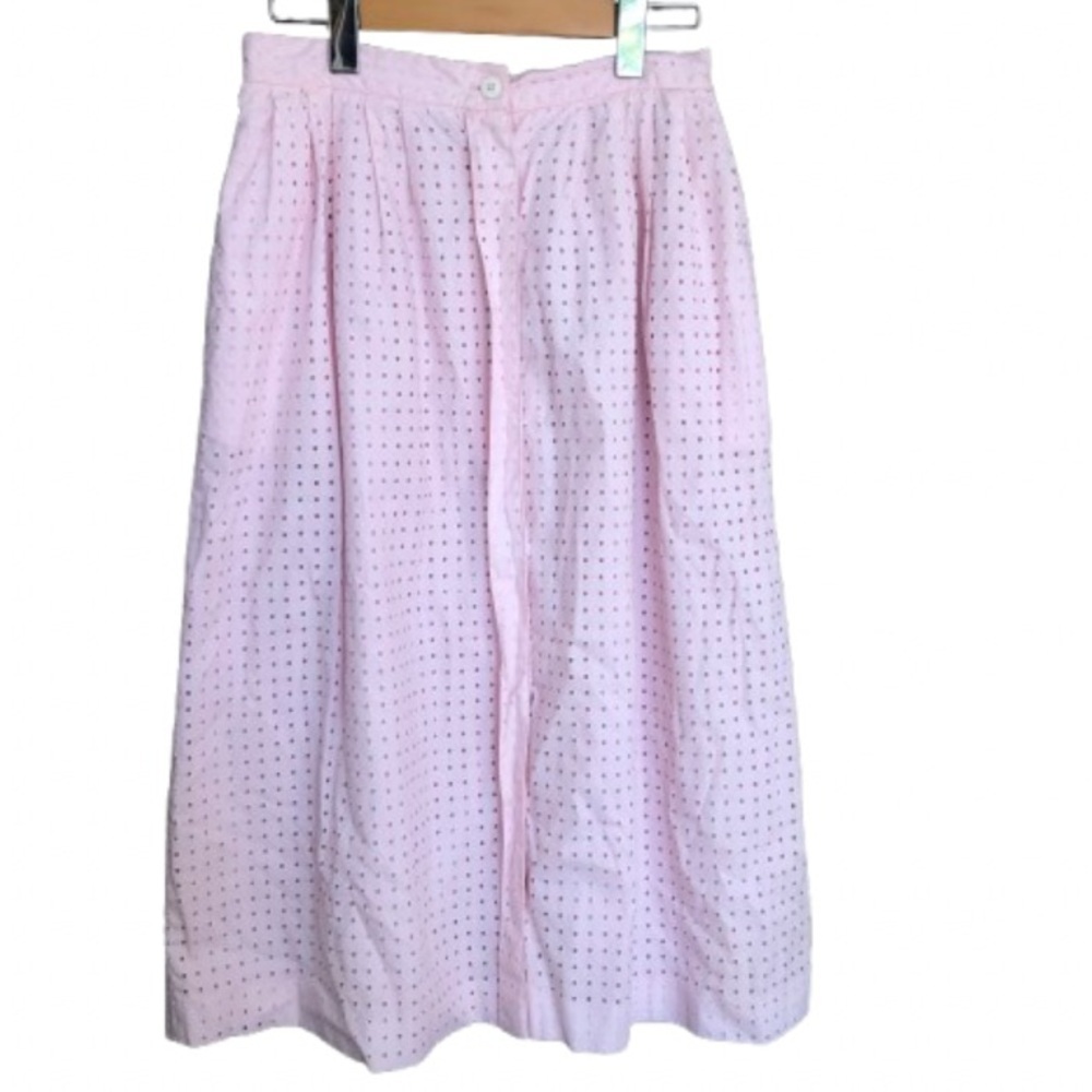 Vintage Romantic Pink Cotton Eyelet Midi Skirt Small